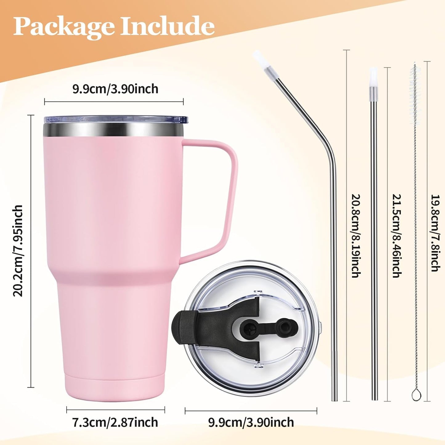 30Oz 900Ml Travel Tumbler with Handle, Insulated Vacuum Travel Coffee Mug, Stainless Steel Water Bottle Flask, Double Walled Leakproof Thermal Mug for Camping, Sports, Office, Home, Light Pink