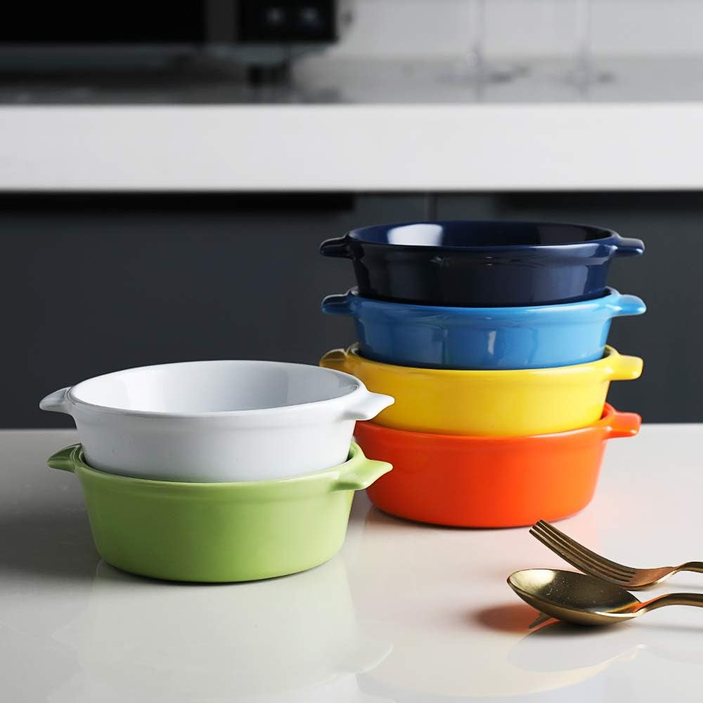 Ceramic Souffle Dishes, round Handle-Ramekins-Baking, 300Ml for Pudding,Creme Brulee,Souffle - Set of 6 (Multicolour)