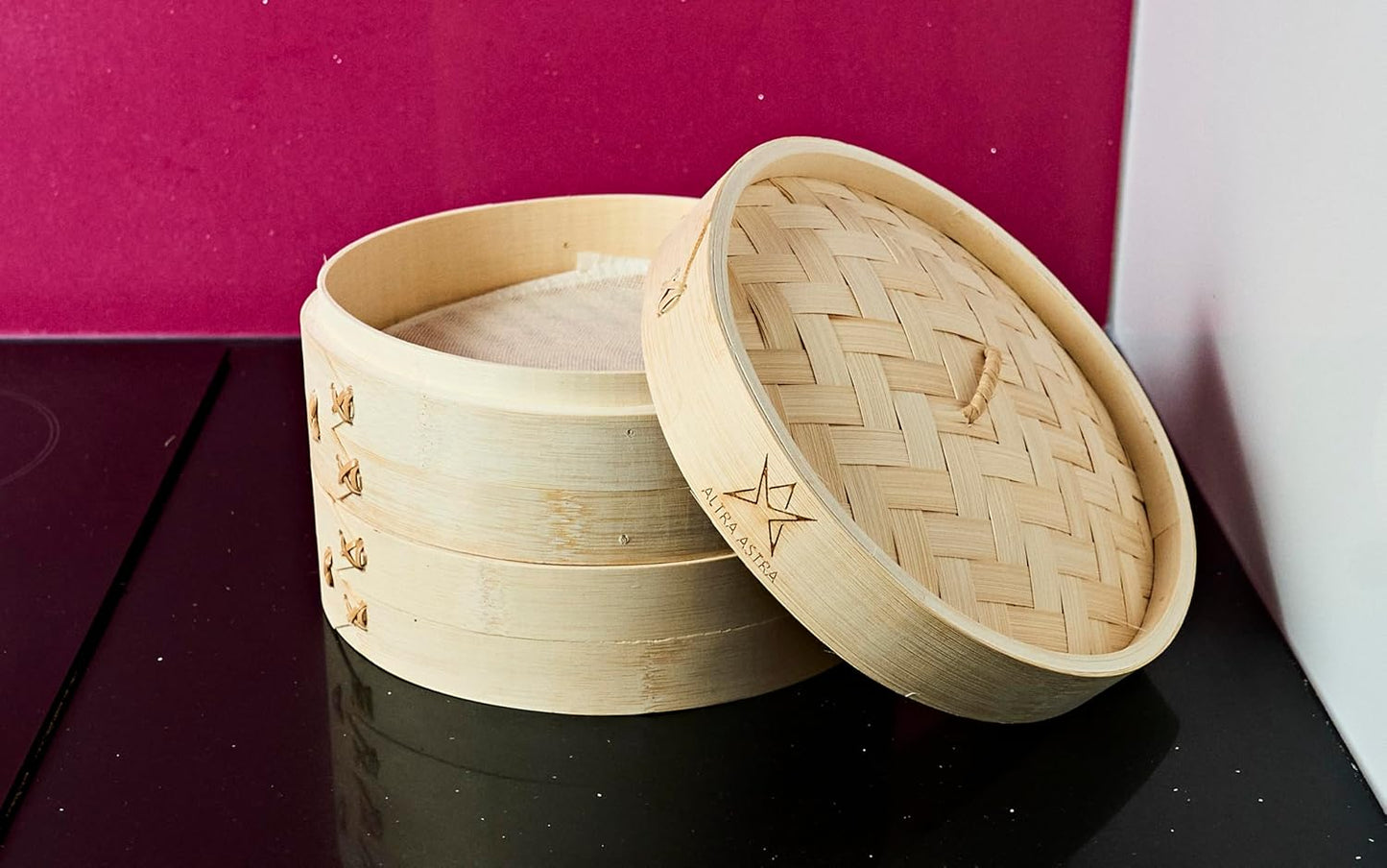 Bamboo Steamer - 8 Inch, 100% Glue Free Construction with Reusable Cotton Sheets, Perfect for Healthy Steaming of Dim Sum, Bao Buns, Vegetables, Meat & Fish, 2 Tiered Basket