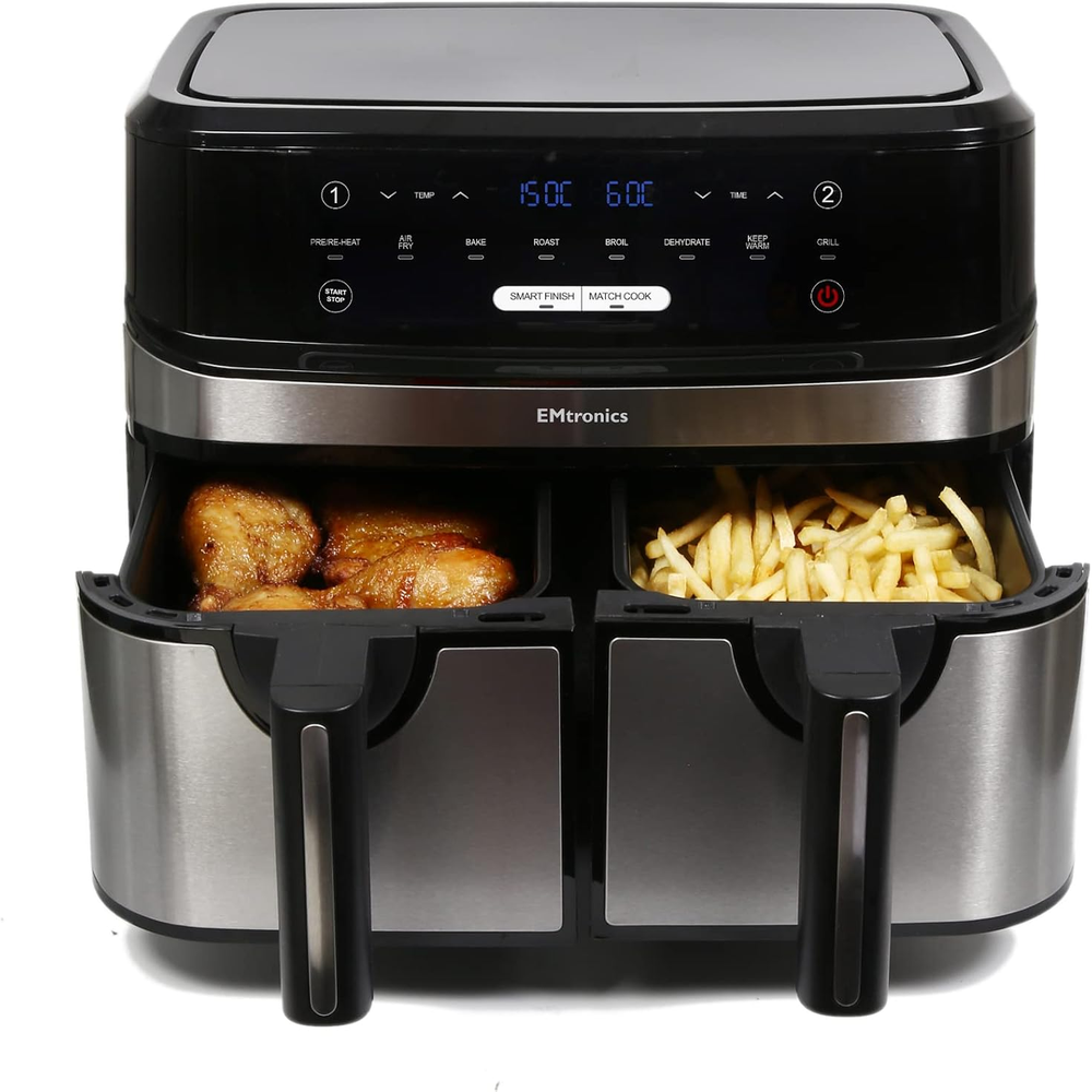 Dual Air Fryer Extra Large Family Size Double XL 9 Litre with 8 Adjustable Pre-Set Menus for Oil Free & Low Fat Healthy Cooking, Easy Clean Metal Interior, 99-Minute Timer - Stainless Steel