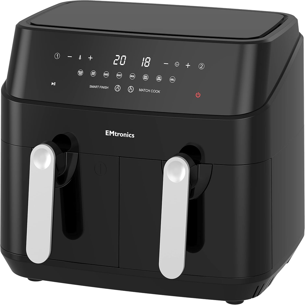 Dual Air Fryer Extra Large Family Size Double XL 9 Litre with 8 Adjustable Pre-Set Menus for Oil Free & Low Fat Healthy Cooking, Easy Clean Metal Interior, 99-Minute Timer - Stainless Steel