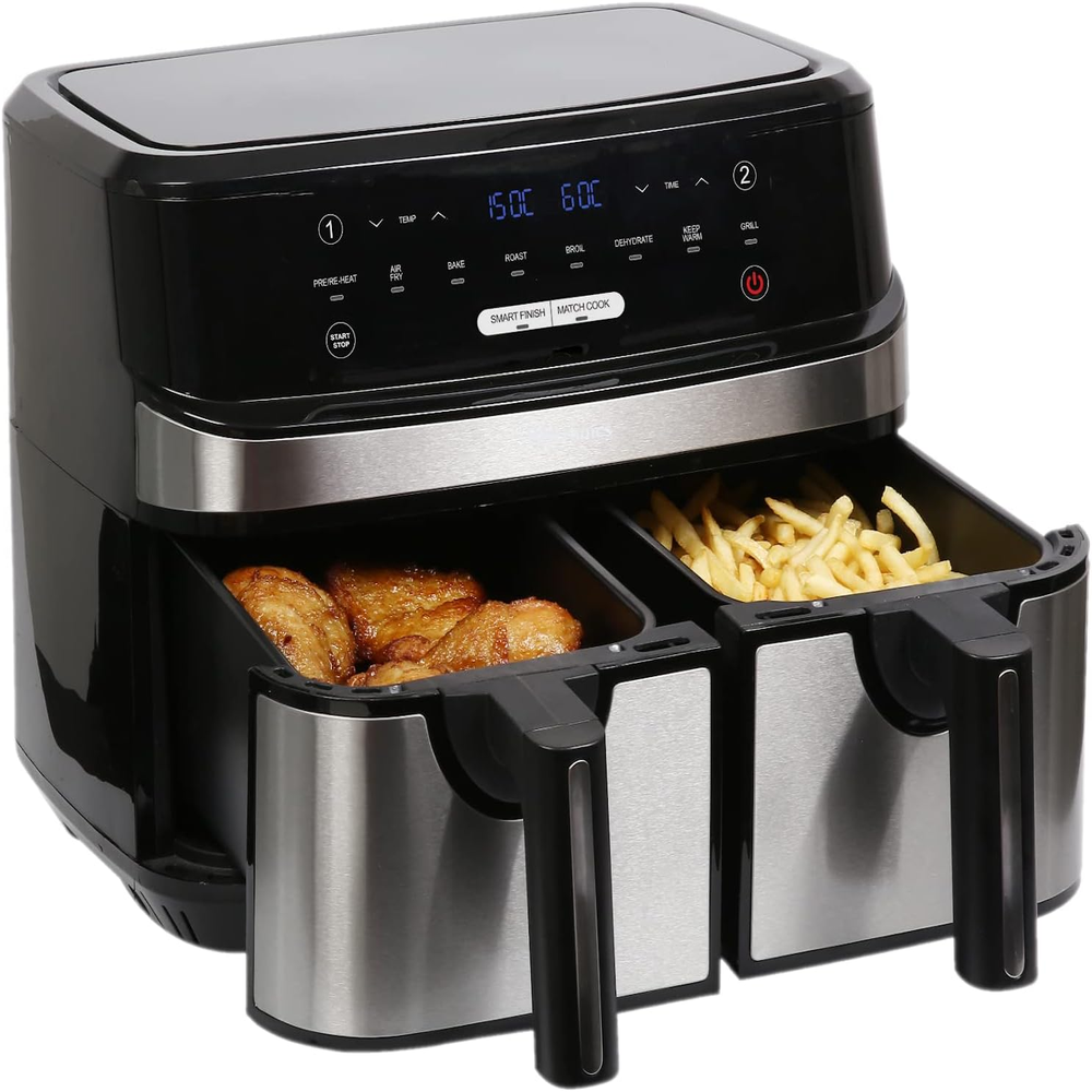 Dual Air Fryer Extra Large Family Size Double XL 9 Litre with 8 Adjustable Pre-Set Menus for Oil Free & Low Fat Healthy Cooking, Easy Clean Metal Interior, 99-Minute Timer - Stainless Steel