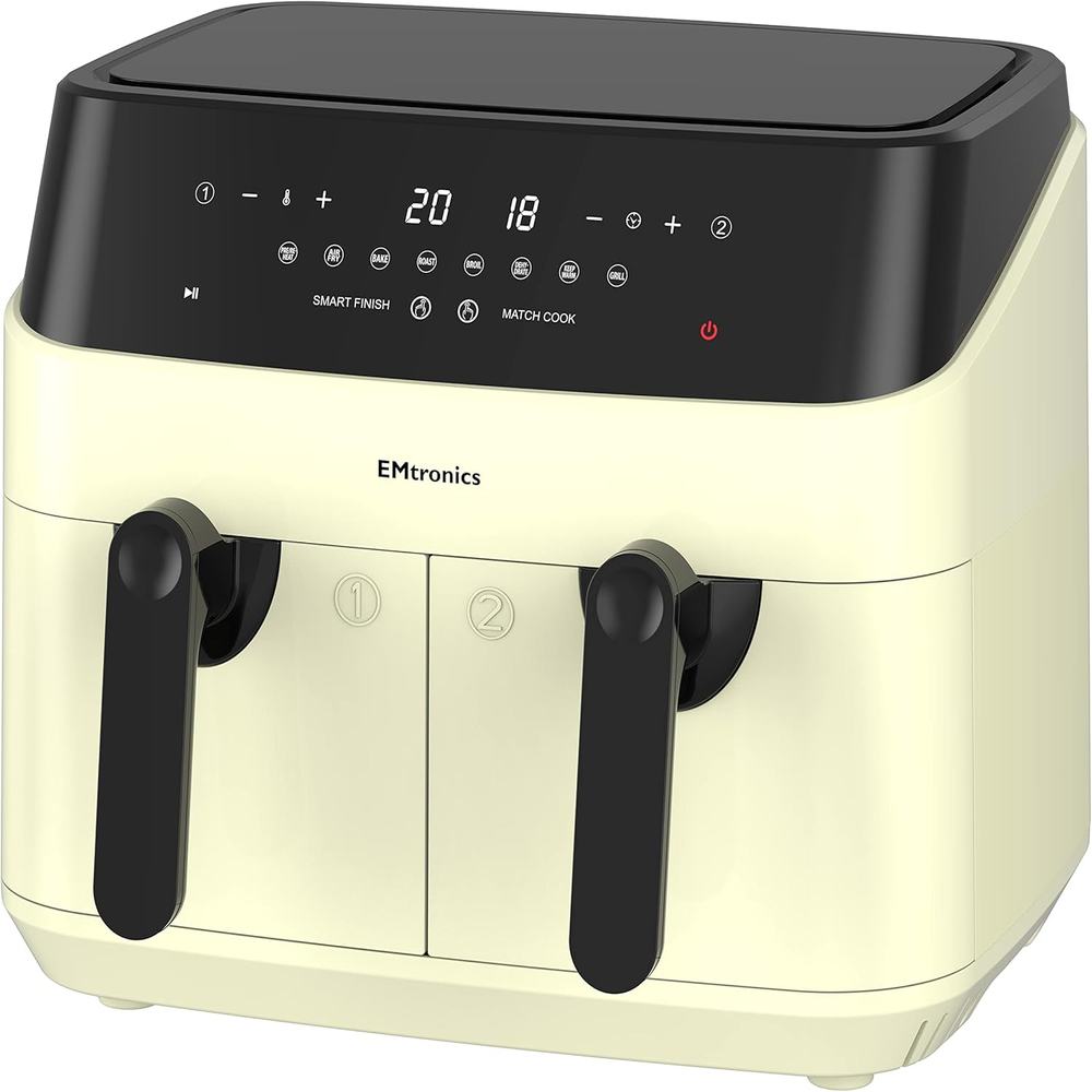 Dual Air Fryer Extra Large Family Size Double XL 9 Litre with 8 Adjustable Pre-Set Menus for Oil Free & Low Fat Healthy Cooking, Easy Clean Metal Interior, 99-Minute Timer - Stainless Steel