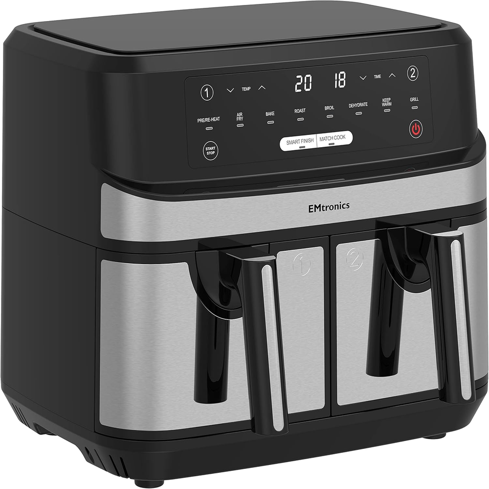 Dual Air Fryer Extra Large Family Size Double XL 9 Litre with 8 Adjustable Pre-Set Menus for Oil Free & Low Fat Healthy Cooking, Easy Clean Metal Interior, 99-Minute Timer - Stainless Steel