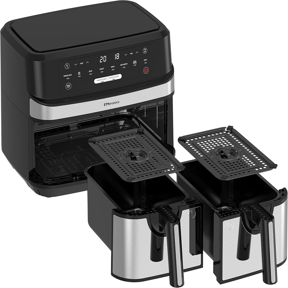 Dual Air Fryer Extra Large Family Size Double XL 9 Litre with 8 Adjustable Pre-Set Menus for Oil Free & Low Fat Healthy Cooking, Easy Clean Metal Interior, 99-Minute Timer - Stainless Steel
