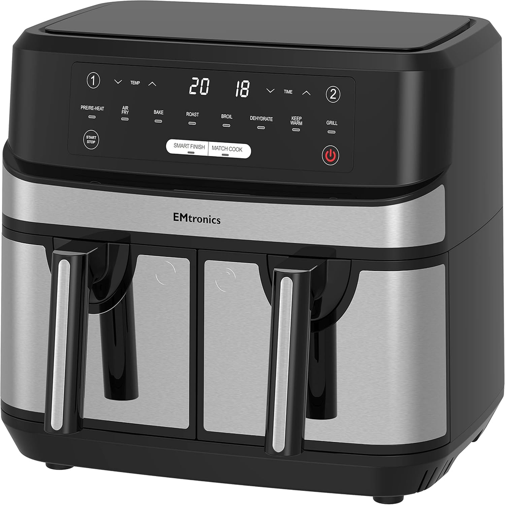 Dual Air Fryer Extra Large Family Size Double XL 9 Litre with 8 Adjustable Pre-Set Menus for Oil Free & Low Fat Healthy Cooking, Easy Clean Metal Interior, 99-Minute Timer - Stainless Steel