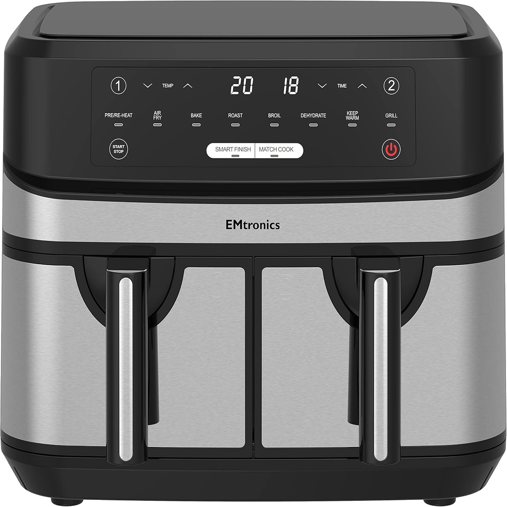 Dual Air Fryer Extra Large Family Size Double XL 9 Litre with 8 Adjustable Pre-Set Menus for Oil Free & Low Fat Healthy Cooking, Easy Clean Metal Interior, 99-Minute Timer - Stainless Steel