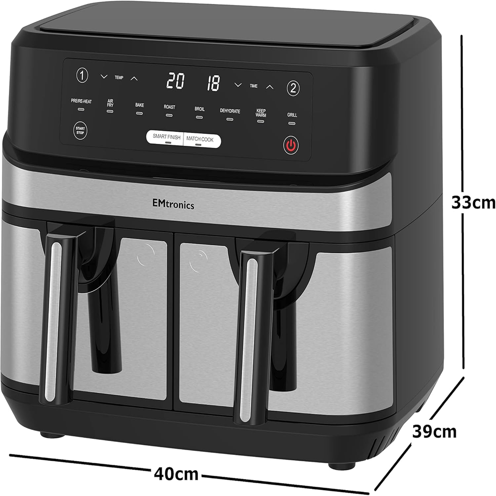 Dual Air Fryer Extra Large Family Size Double XL 9 Litre with 8 Adjustable Pre-Set Menus for Oil Free & Low Fat Healthy Cooking, Easy Clean Metal Interior, 99-Minute Timer - Stainless Steel