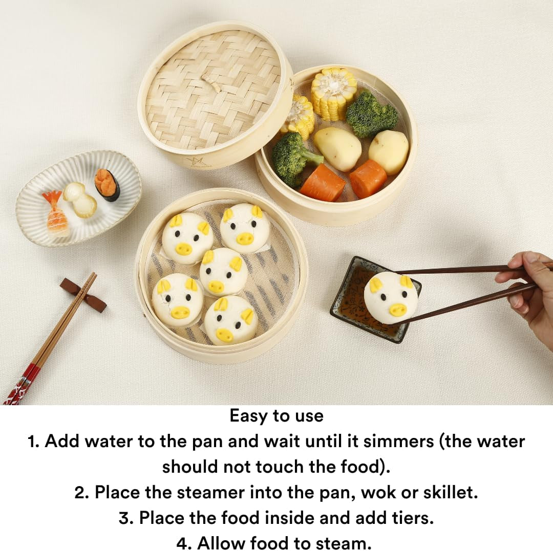 Bamboo Steamer - 8 Inch, 100% Glue Free Construction with Reusable Cotton Sheets, Perfect for Healthy Steaming of Dim Sum, Bao Buns, Vegetables, Meat & Fish, 2 Tiered Basket
