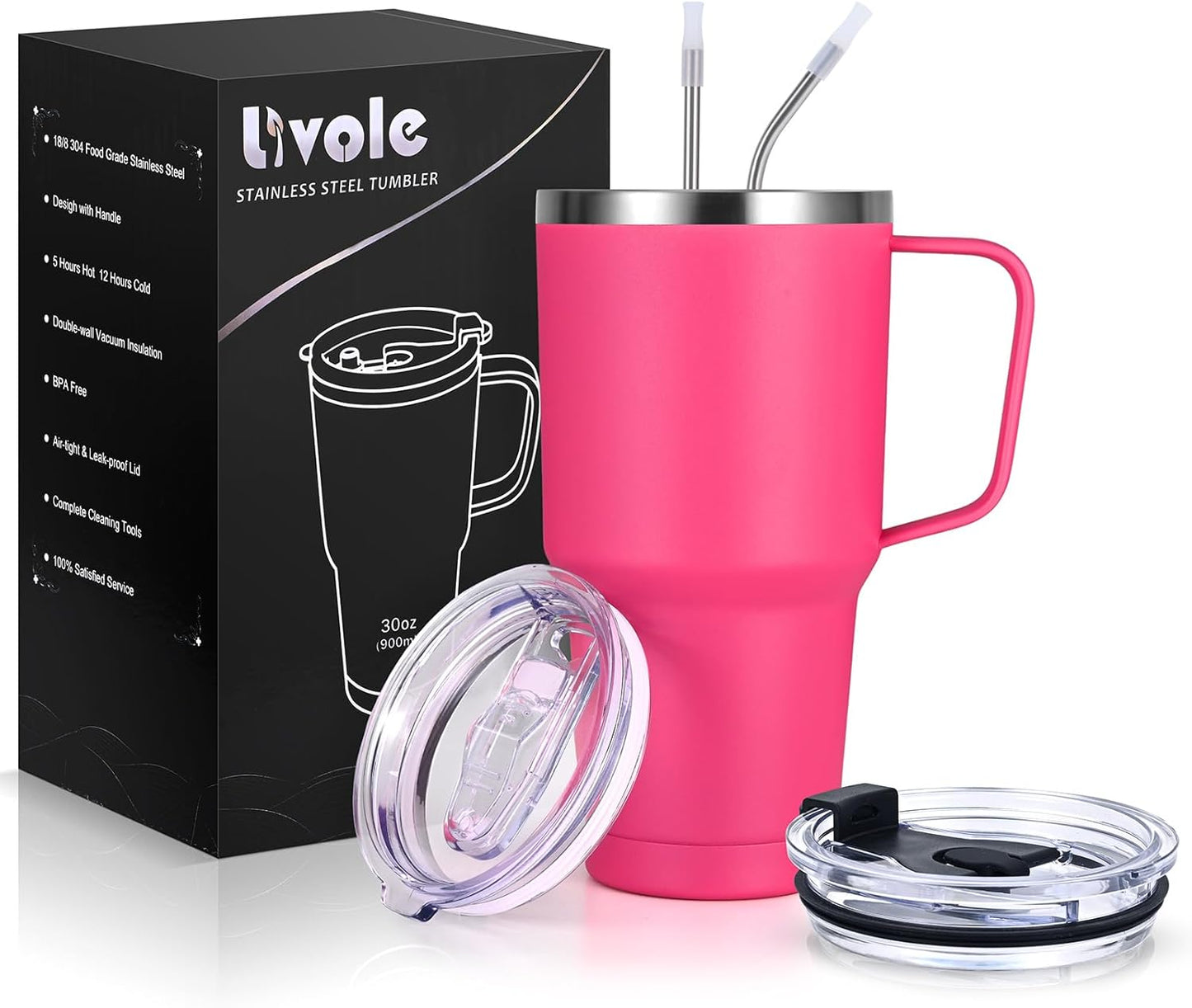 30Oz 900Ml Travel Tumbler with Handle, Insulated Vacuum Travel Coffee Mug, Stainless Steel Water Bottle Flask, Double Walled Leakproof Thermal Mug for Camping, Sports, Office, Home, Light Pink