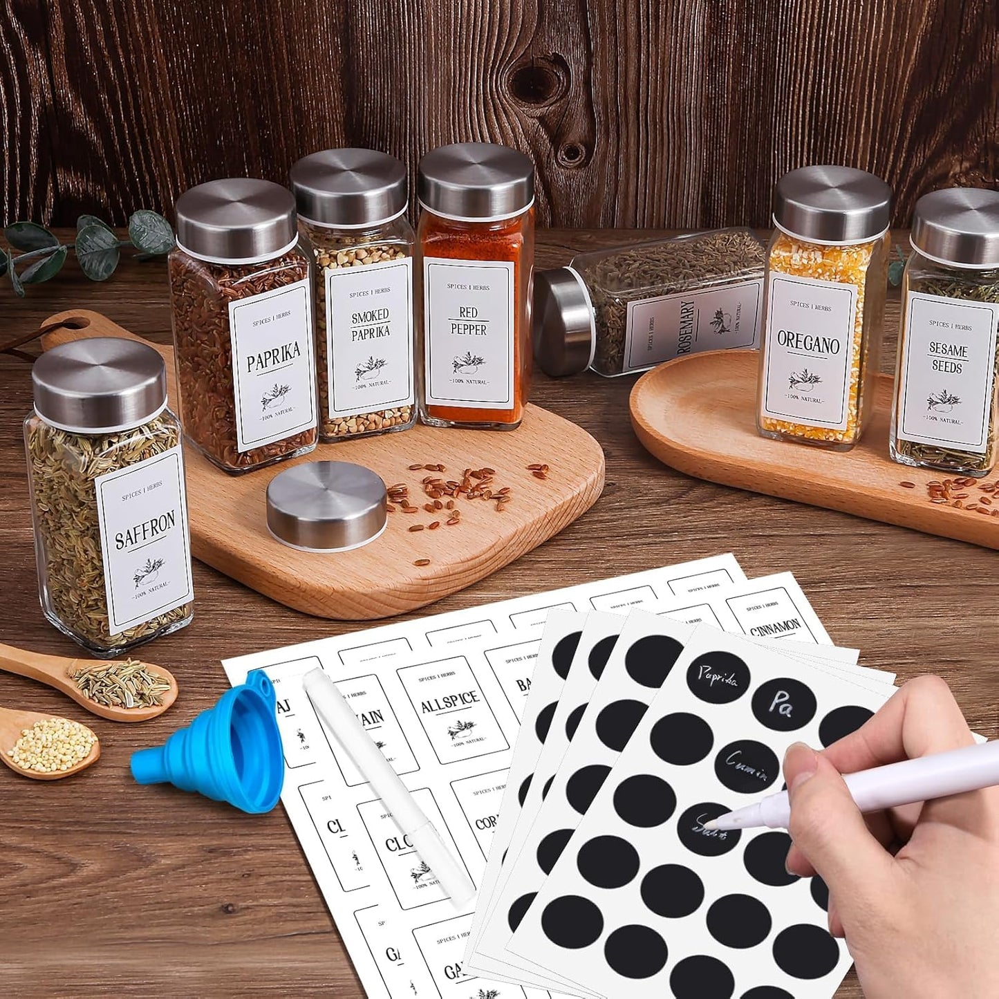 36 Pack Spice Jars with Square Stainless Steel Lids, 120Ml Kitchen Spice Containers with Label , Pen, Hose Brush, 2 Silicone Funnels, for Home Kitchen Spice, Seasonings, Condiments, Herbs Storage
