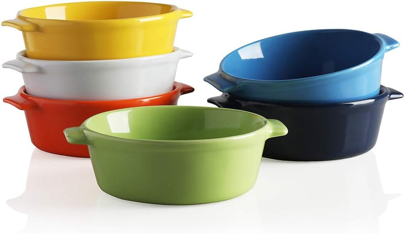Ceramic Souffle Dishes, round Handle-Ramekins-Baking, 300Ml for Pudding,Creme Brulee,Souffle - Set of 6 (Multicolour)