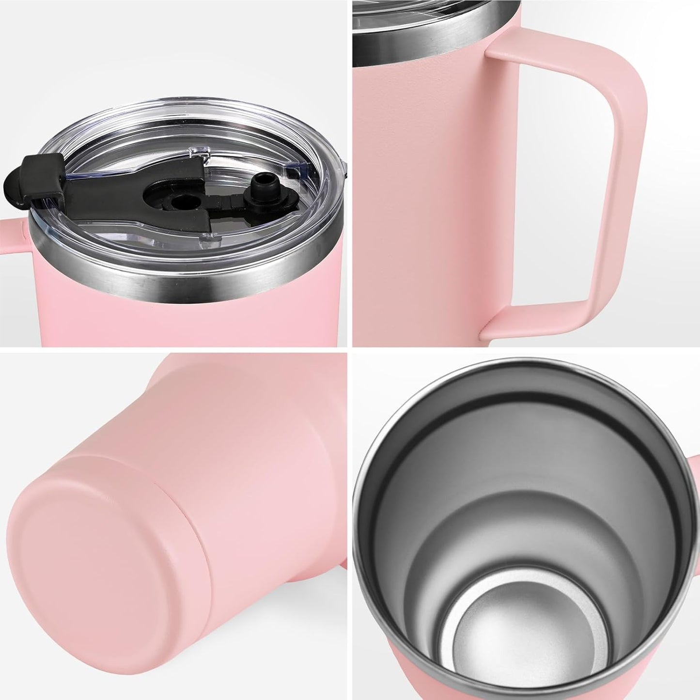 30Oz 900Ml Travel Tumbler with Handle, Insulated Vacuum Travel Coffee Mug, Stainless Steel Water Bottle Flask, Double Walled Leakproof Thermal Mug for Camping, Sports, Office, Home, Light Pink