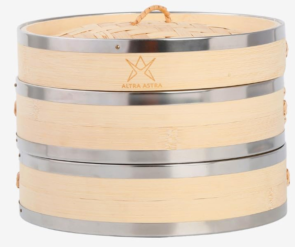 Bamboo Steamer - 8 Inch, 100% Glue Free Construction with Reusable Cotton Sheets, Perfect for Healthy Steaming of Dim Sum, Bao Buns, Vegetables, Meat & Fish, 2 Tiered Basket