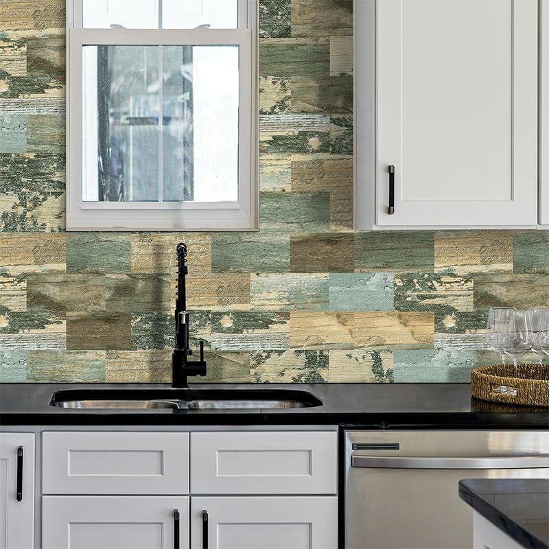 Peel and Stick on Self Adhesive Wall Tiles for Kitchen Splashback Sticky Vintage Wood Look Green 10-Sheet (13.5" X 11.4")
