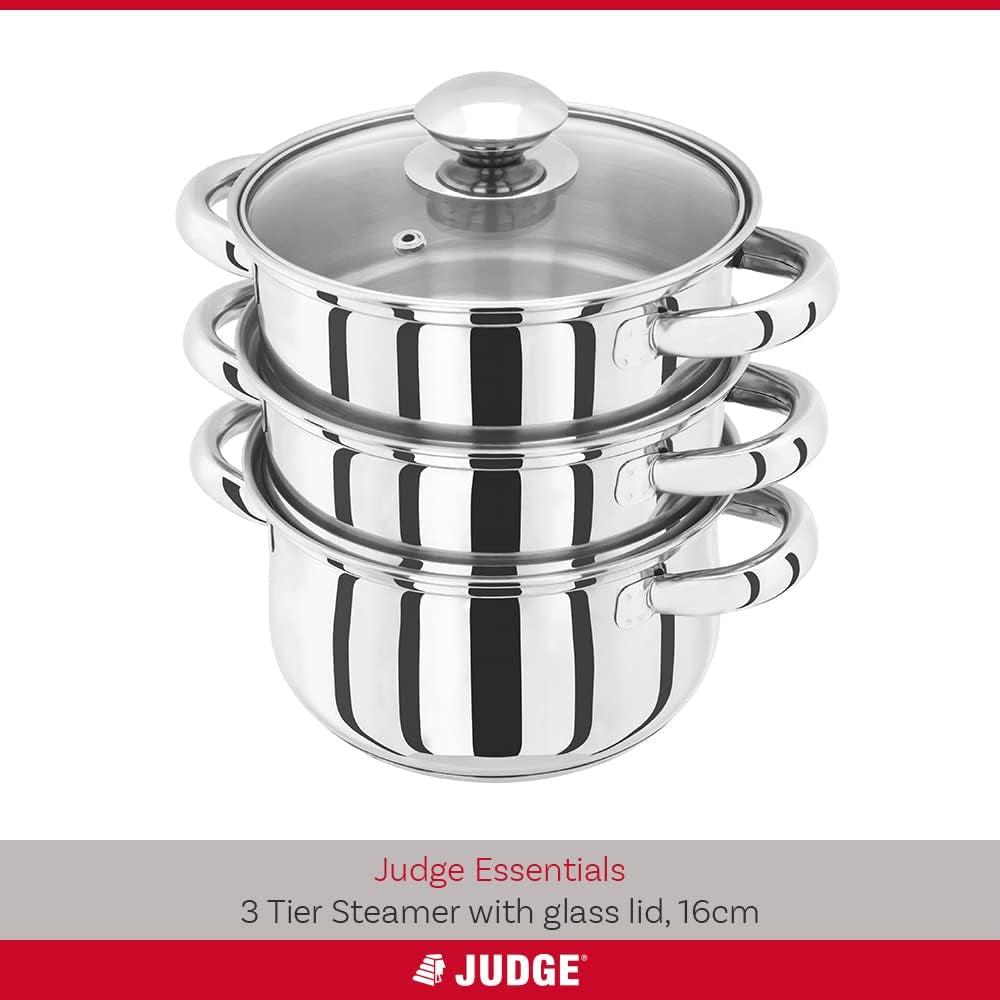Essential 3-Tier Stainless Steel Steamer - Thermic Base & Vented Glass Lid, Oven-Safe Vegetable Steam Cooker with Cool Handles – Energy-Efficient, Induction Ready Healthy Steamer Cooking – 16Cm
