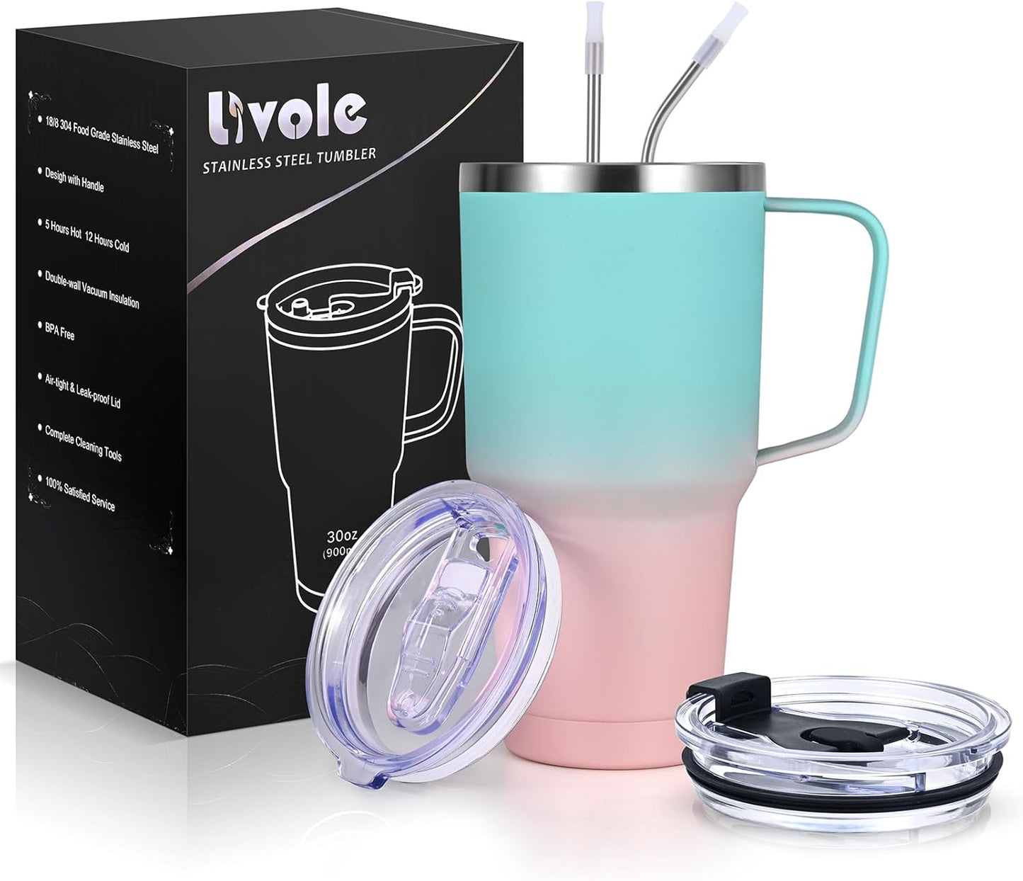 30Oz 900Ml Travel Tumbler with Handle, Insulated Vacuum Travel Coffee Mug, Stainless Steel Water Bottle Flask, Double Walled Leakproof Thermal Mug for Camping, Sports, Office, Home, Light Pink