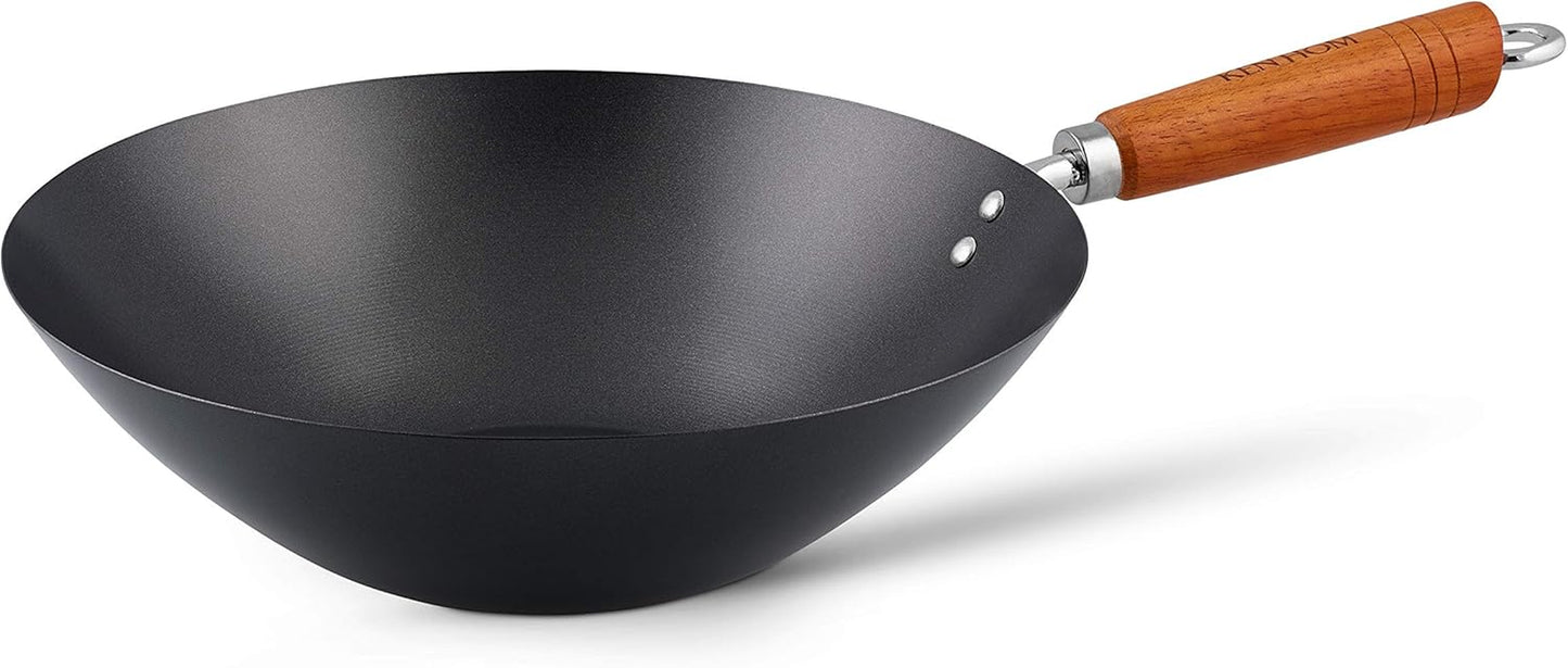 Carbon Steel Wok, 31Cm, Classic, Non-Induction/Wooden Handle/Flat Base Pan, Includes 1 X Chinese Wok Pan, KH331001
