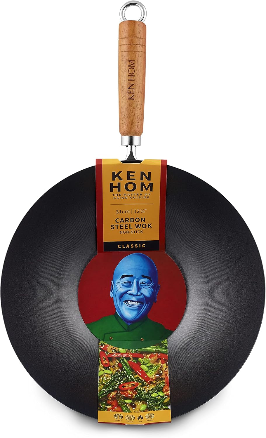 Carbon Steel Wok, 31Cm, Classic, Non-Induction/Wooden Handle/Flat Base Pan, Includes 1 X Chinese Wok Pan, KH331001