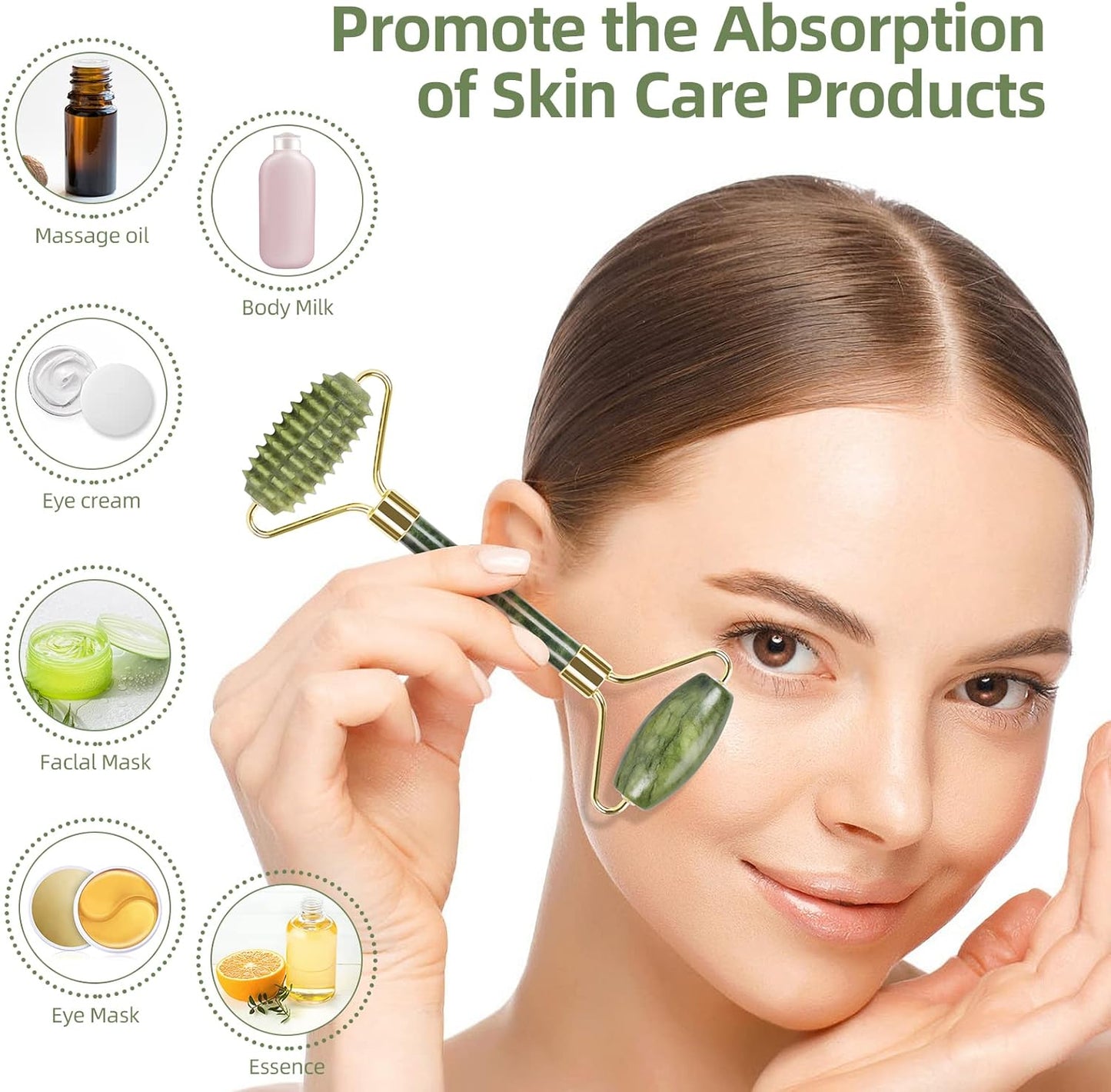 Jade Roller with Gua Sha Massage Set (3Pcs) - Face Roller for Eye Puffiness Treatment, Skin Tightening, Face & Neck, Natural Jade Face Massager & Perfect Self Care Gifts for Women