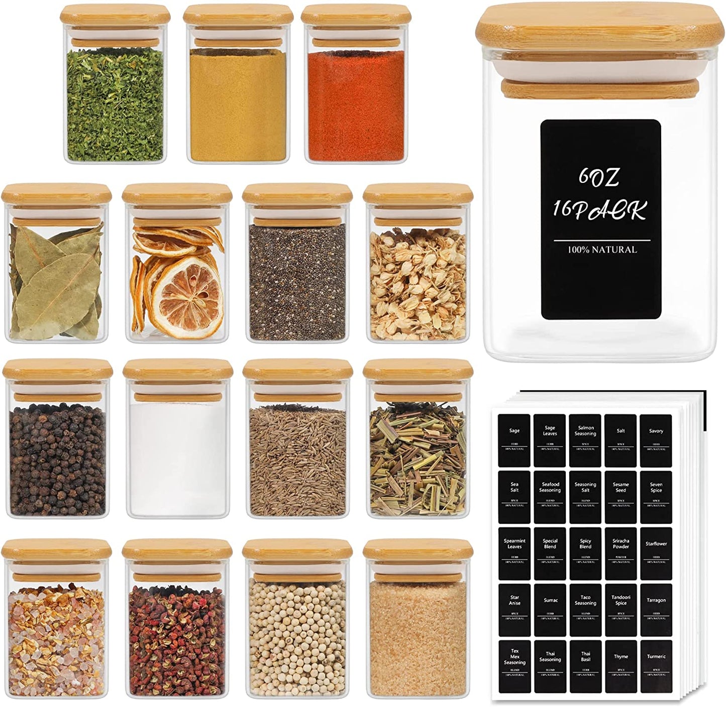 12 Pcs Glass Spice Jars with Bamboo Lids, 4Oz/120Ml Square Glass Storage Jars with 275 Black Lables, Airtight Spice Jars with Lids, Glass Container for Spice, Salt, Sugar, Seeds, Nuts Etc