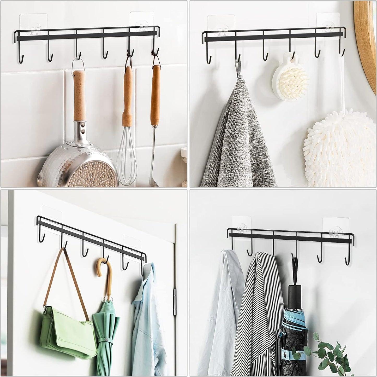 Utensil Hangers with 6 Hooks Space Saving Wall Utensil Holder Kitchen Utensil Hooks No Drilling Wall Mounted Adhesive Wall Hooks Rack for Kitchen Bathroom Bedroom 2 Packs (Black)
