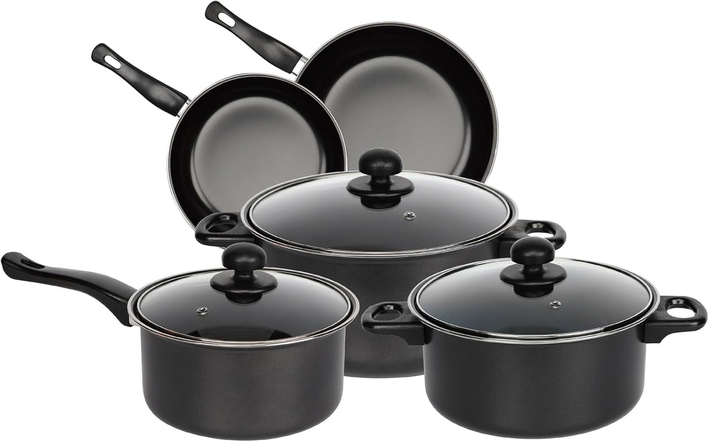 Black 8 Piece Carbon Steel Non Stick Kitchen Cookware Set Casserole Cooking Pot Frying Pan Saucepan with Glass Lids