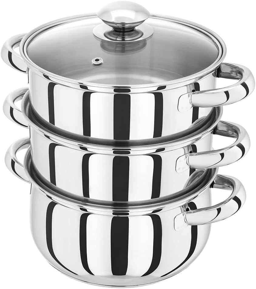 Essential 3-Tier Stainless Steel Steamer - Thermic Base & Vented Glass Lid, Oven-Safe Vegetable Steam Cooker with Cool Handles – Energy-Efficient, Induction Ready Healthy Steamer Cooking – 16Cm
