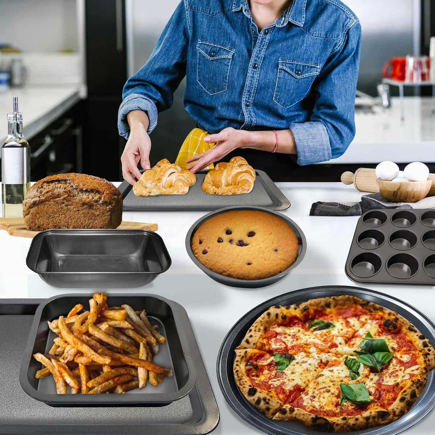 Set of 8 Non Stick Baking Tray Pan Set - Muffin Oven Roasting Bakeware Roast New | Muffin Tray, Oven Tray, Cake Pan, Loaf Pan | Non Stick Coating for Easy Cooking and Clean Up