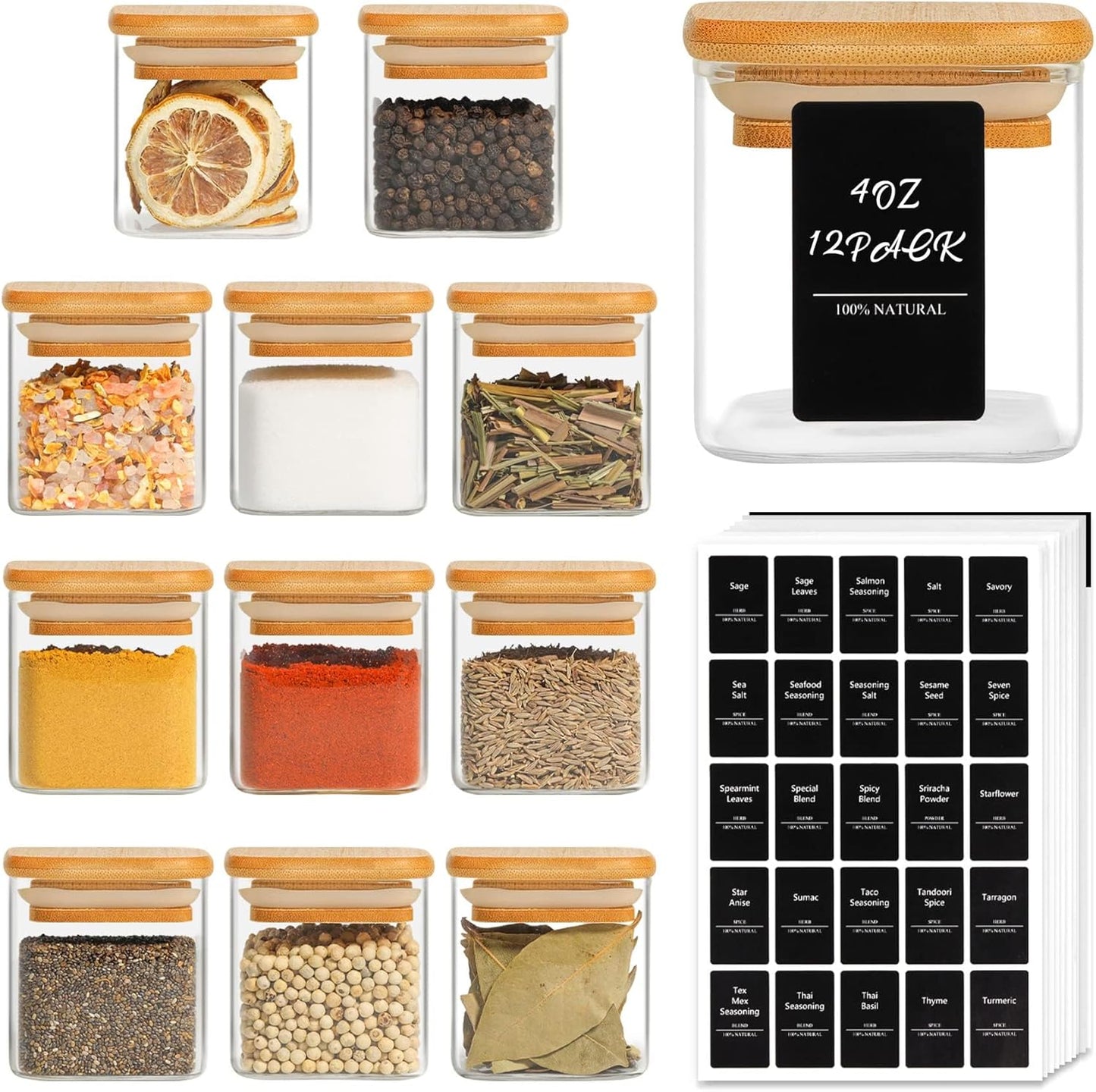12 Pcs Glass Spice Jars with Bamboo Lids, 4Oz/120Ml Square Glass Storage Jars with 275 Black Lables, Airtight Spice Jars with Lids, Glass Container for Spice, Salt, Sugar, Seeds, Nuts Etc