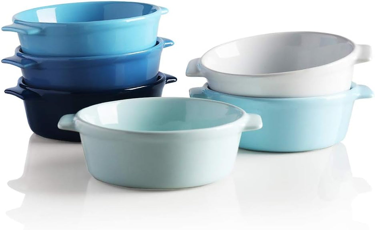 Ceramic Souffle Dishes, round Handle-Ramekins-Baking, 300Ml for Pudding,Creme Brulee,Souffle - Set of 6 (Multicolour)