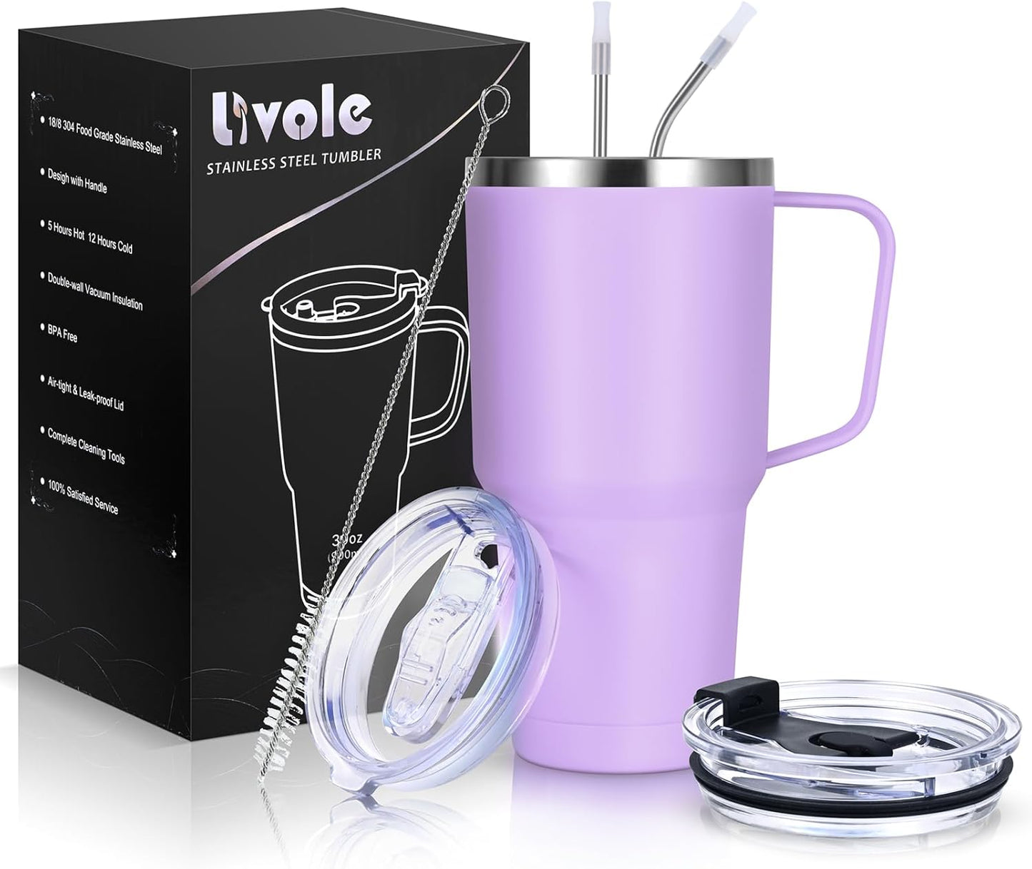 30Oz 900Ml Travel Tumbler with Handle, Insulated Vacuum Travel Coffee Mug, Stainless Steel Water Bottle Flask, Double Walled Leakproof Thermal Mug for Camping, Sports, Office, Home, Light Pink
