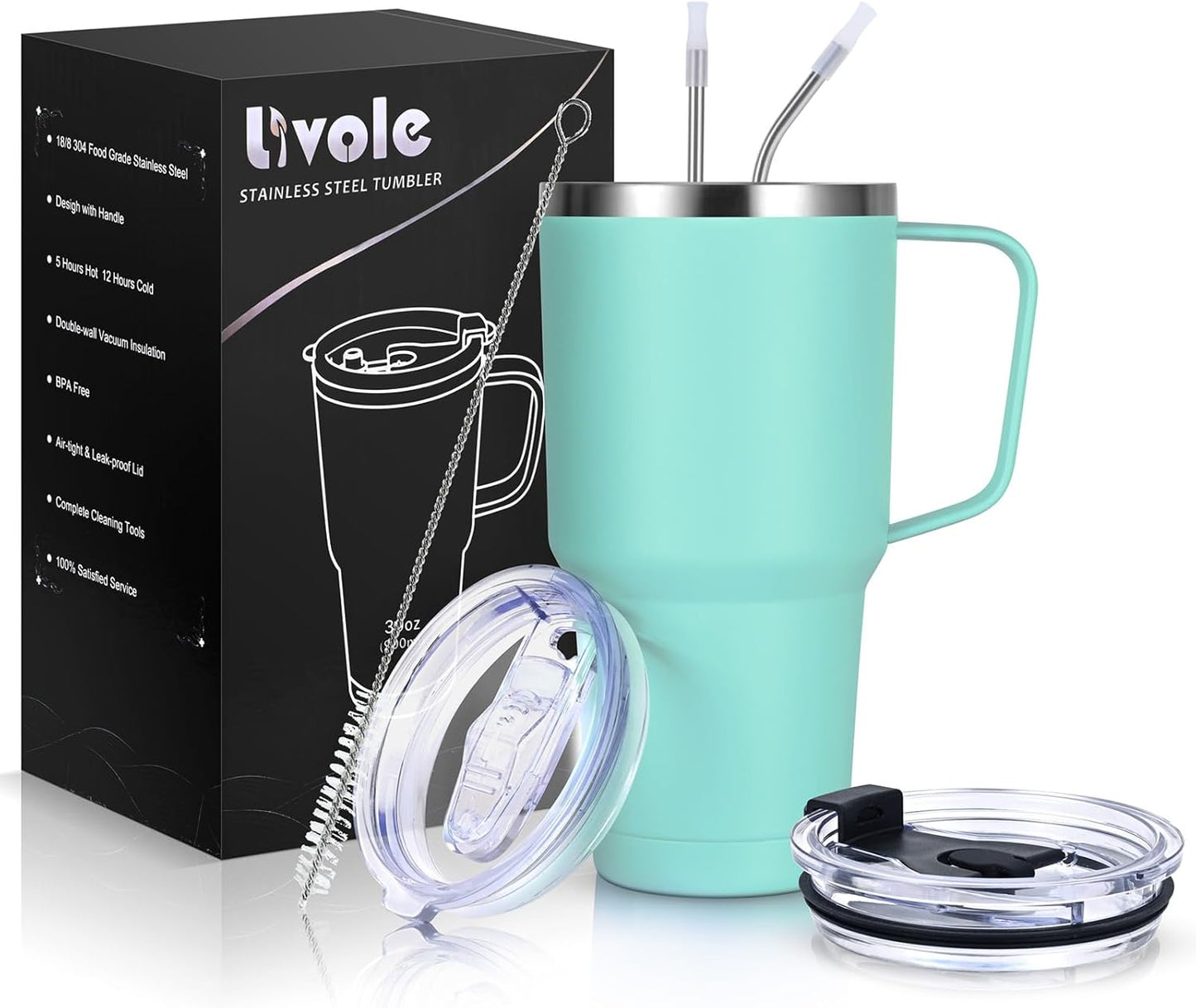 30Oz 900Ml Travel Tumbler with Handle, Insulated Vacuum Travel Coffee Mug, Stainless Steel Water Bottle Flask, Double Walled Leakproof Thermal Mug for Camping, Sports, Office, Home, Light Pink