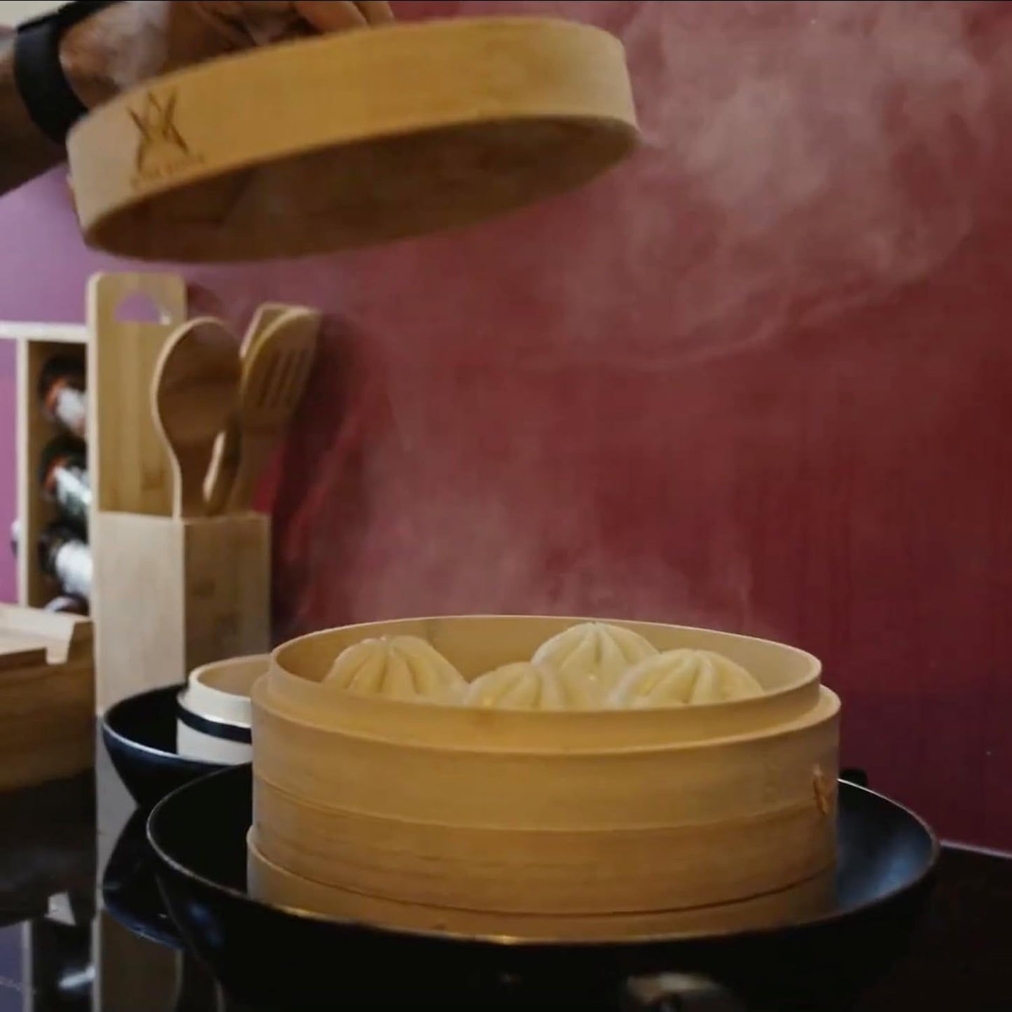 Bamboo Steamer - 8 Inch, 100% Glue Free Construction with Reusable Cotton Sheets, Perfect for Healthy Steaming of Dim Sum, Bao Buns, Vegetables, Meat & Fish, 2 Tiered Basket