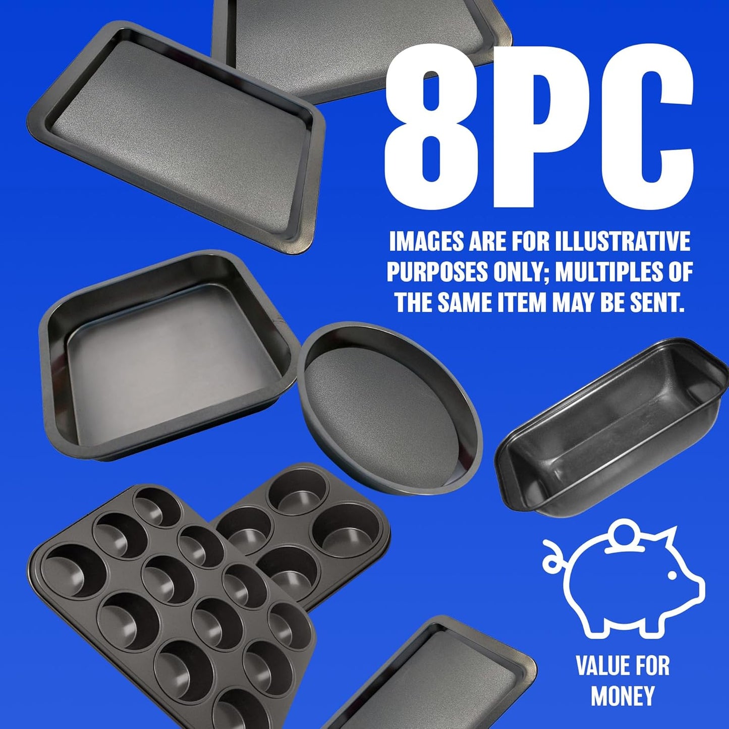 Set of 8 Non Stick Baking Tray Pan Set - Muffin Oven Roasting Bakeware Roast New | Muffin Tray, Oven Tray, Cake Pan, Loaf Pan | Non Stick Coating for Easy Cooking and Clean Up