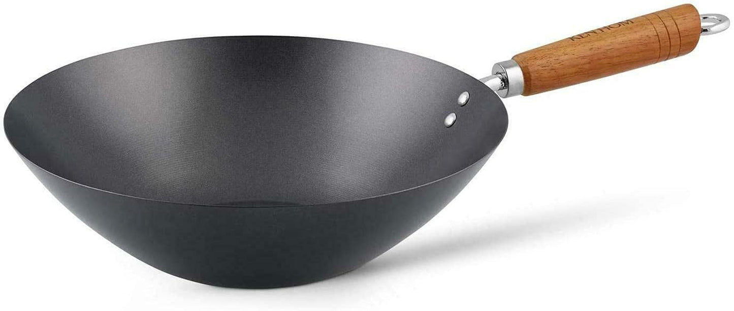 Carbon Steel Wok, 31Cm, Classic, Non-Induction/Wooden Handle/Flat Base Pan, Includes 1 X Chinese Wok Pan, KH331001