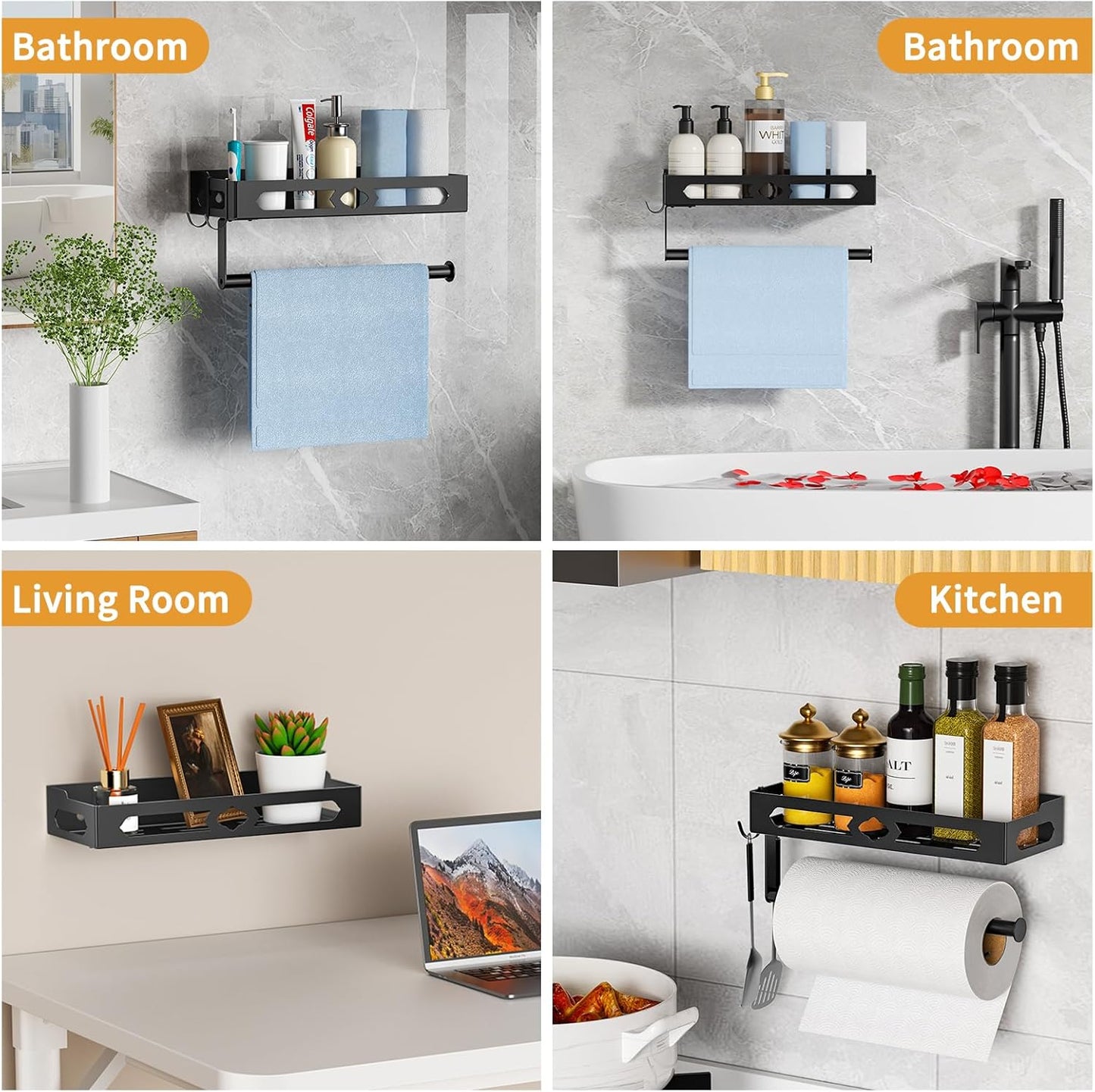 Spice Rack with Paper Towel Holder Roll and Hooks, Wall Mounted Spice Rack, Metal Seasoning Organizer Shelves for Kitchen