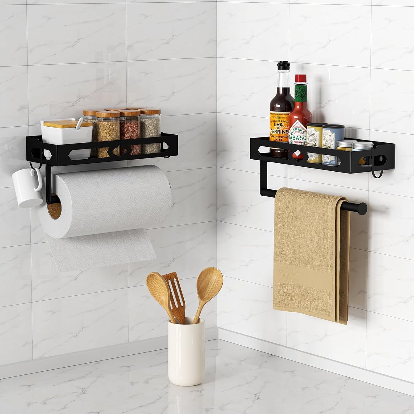 Spice Rack with Paper Towel Holder Roll and Hooks, Wall Mounted Spice Rack, Metal Seasoning Organizer Shelves for Kitchen