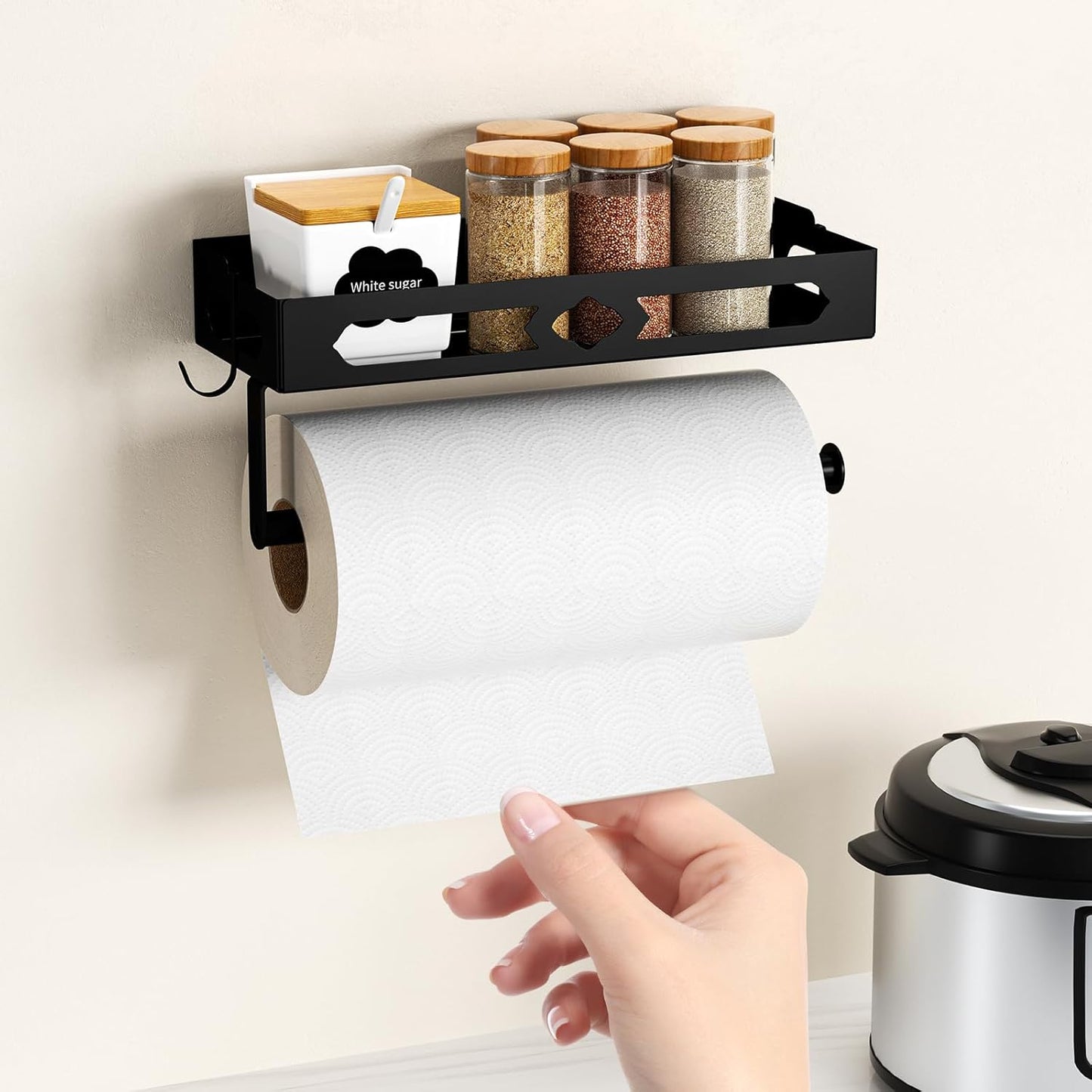 Spice Rack with Paper Towel Holder Roll and Hooks, Wall Mounted Spice Rack, Metal Seasoning Organizer Shelves for Kitchen