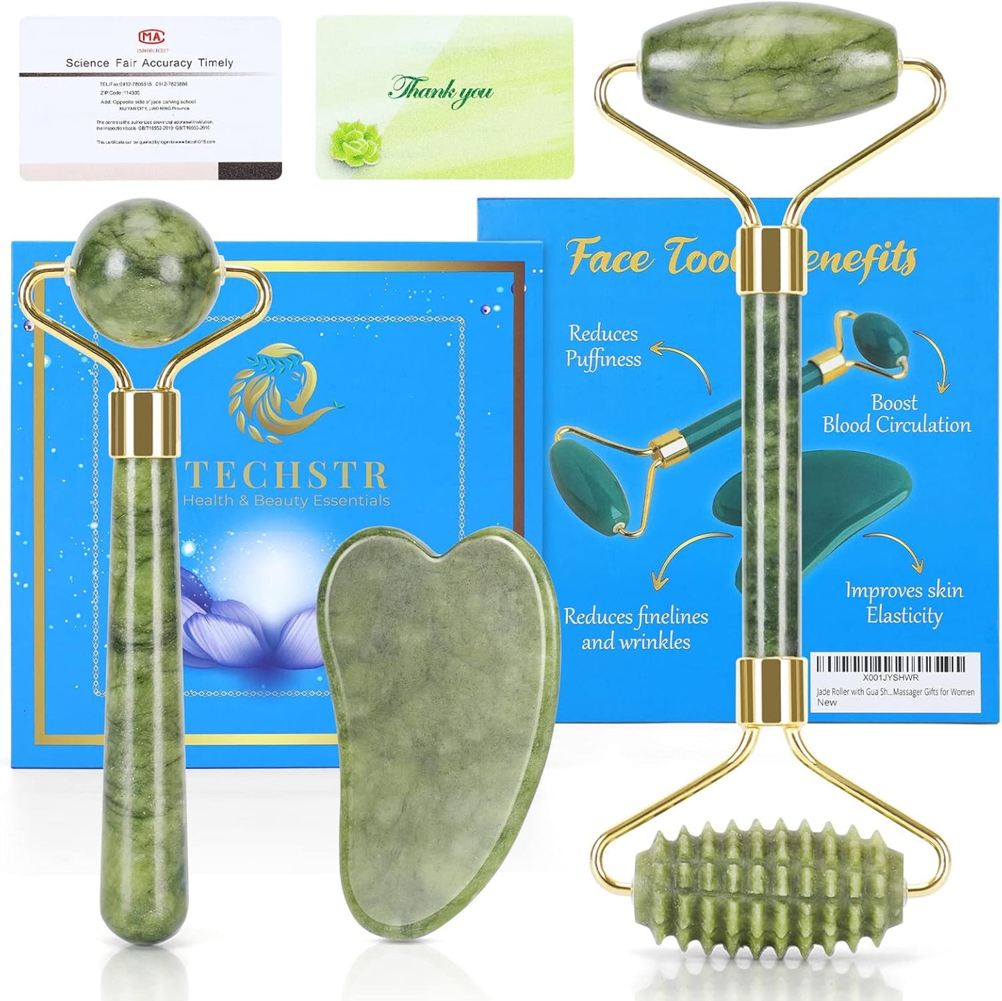 Jade Roller with Gua Sha Massage Set (3Pcs) - Face Roller for Eye Puffiness Treatment, Skin Tightening, Face & Neck, Natural Jade Face Massager & Perfect Self Care Gifts for Women