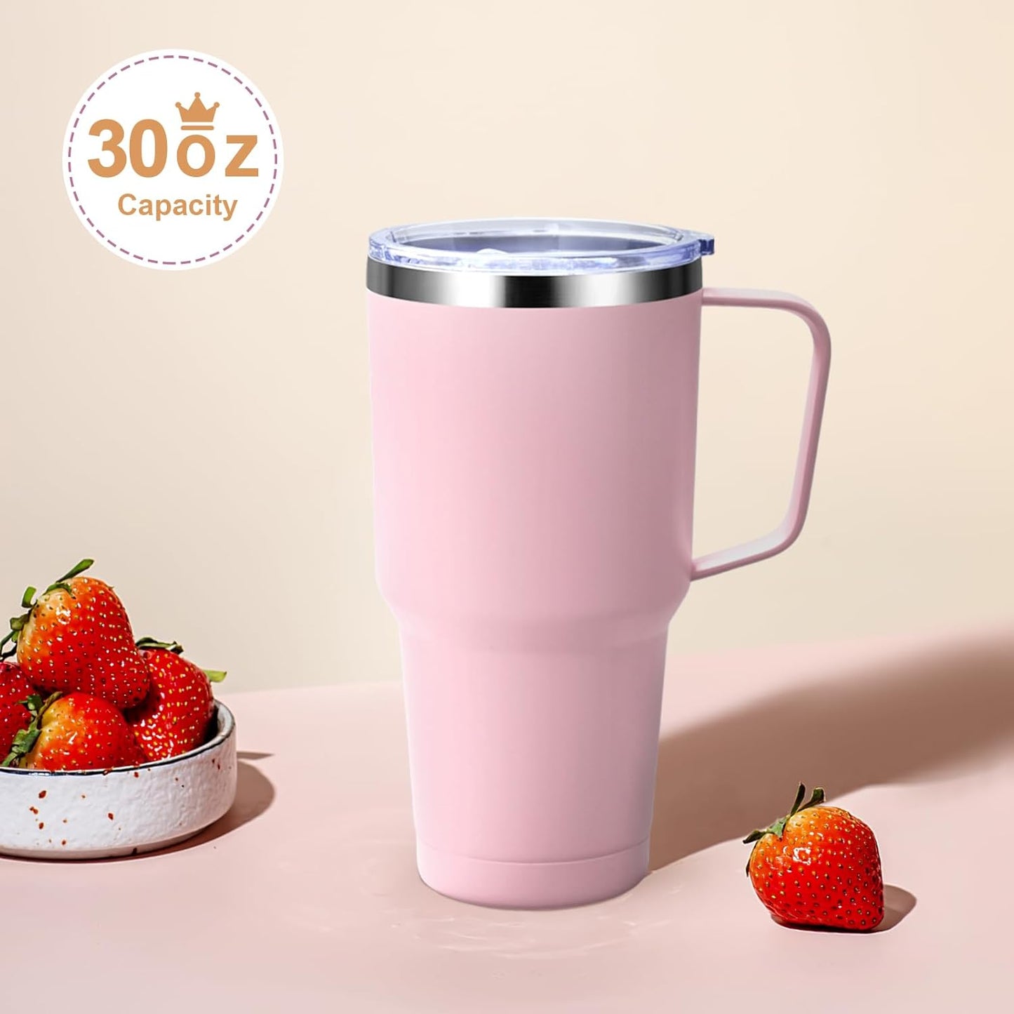 30Oz 900Ml Travel Tumbler with Handle, Insulated Vacuum Travel Coffee Mug, Stainless Steel Water Bottle Flask, Double Walled Leakproof Thermal Mug for Camping, Sports, Office, Home, Light Pink