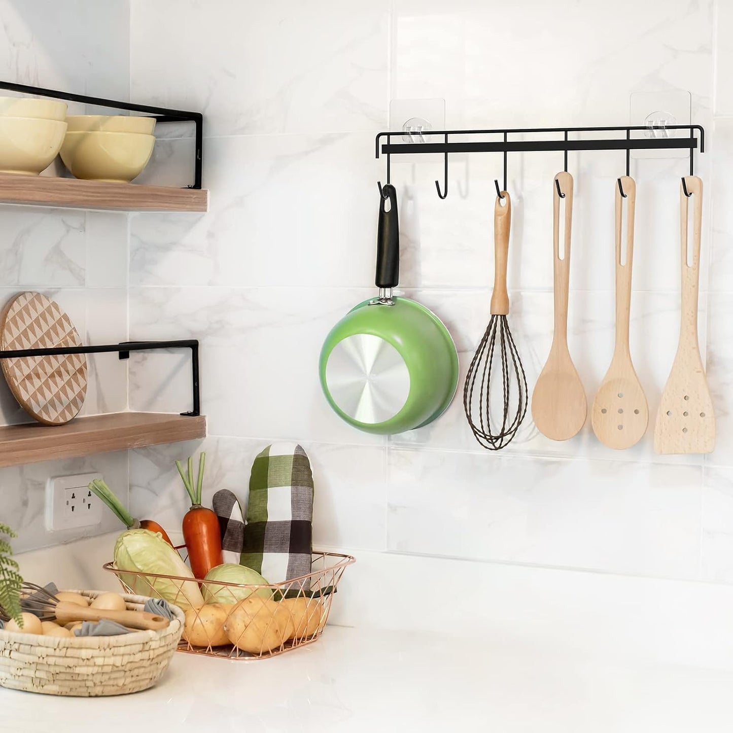 Utensil Hangers with 6 Hooks Space Saving Wall Utensil Holder Kitchen Utensil Hooks No Drilling Wall Mounted Adhesive Wall Hooks Rack for Kitchen Bathroom Bedroom 2 Packs (Black)