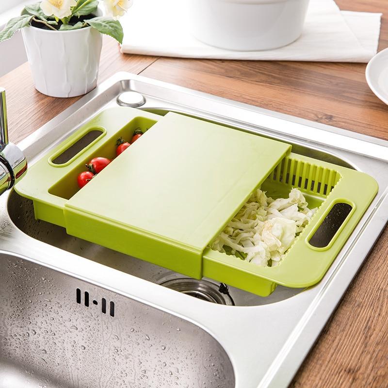 3-in-1 Over-Sink Cutting Board with Built-In Strainer & Storage Tray