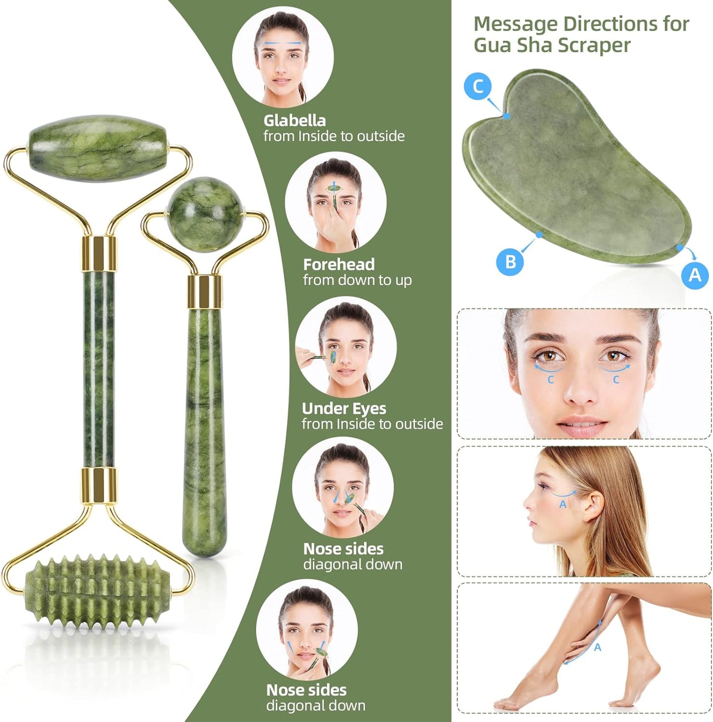 Jade Roller with Gua Sha Massage Set (3Pcs) - Face Roller for Eye Puffiness Treatment, Skin Tightening, Face & Neck, Natural Jade Face Massager & Perfect Self Care Gifts for Women