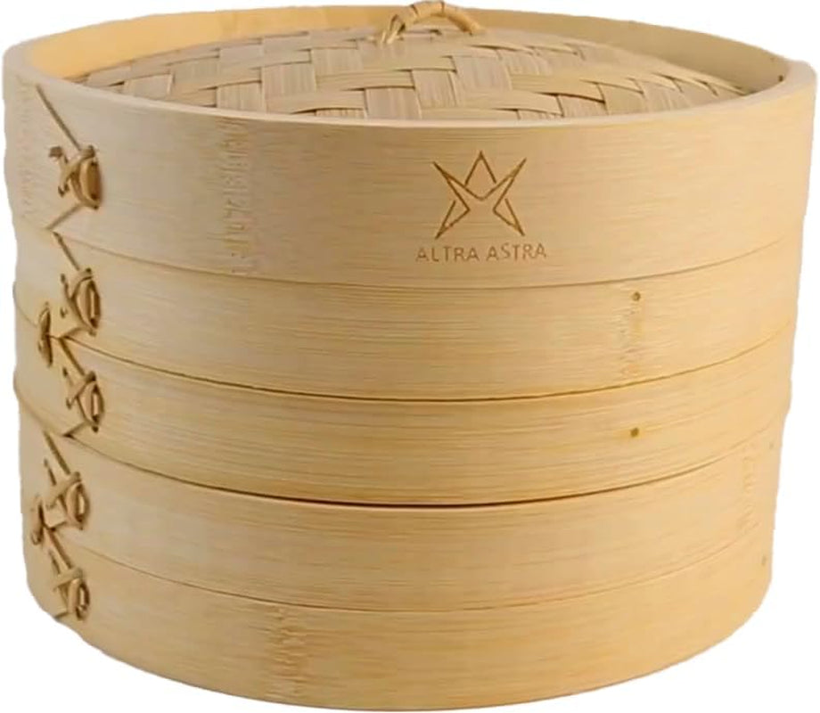 Bamboo Steamer - 8 Inch, 100% Glue Free Construction with Reusable Cotton Sheets, Perfect for Healthy Steaming of Dim Sum, Bao Buns, Vegetables, Meat & Fish, 2 Tiered Basket