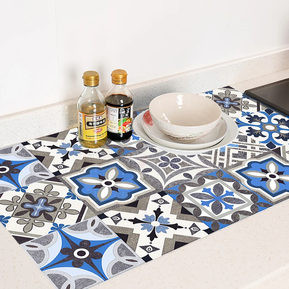 10pcs Blue & Gray Matte Surface Wall Sticker Film For Tiles /Ground in Kitchen Backsplash Floor PVC Art Wallpaper Peel & Stick