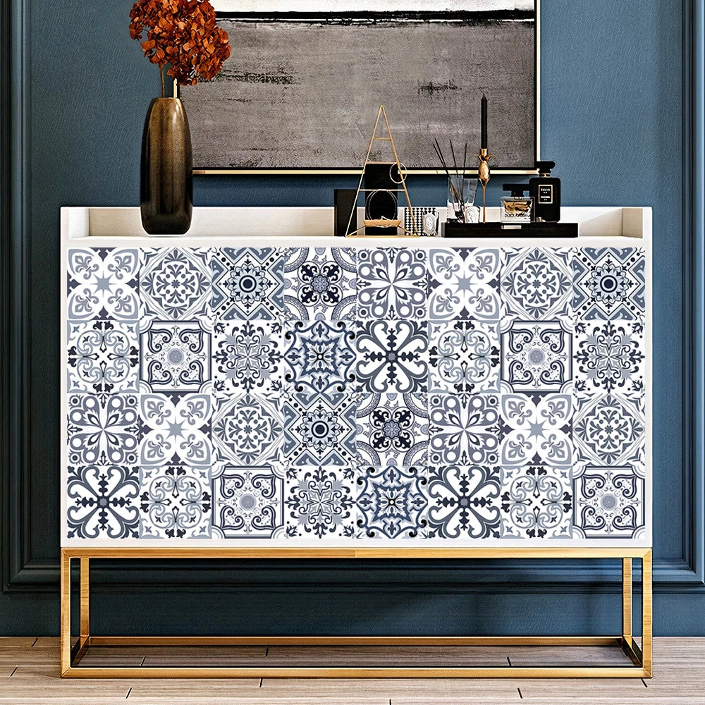 10pcs Blue & Gray Matte Surface Wall Sticker Film For Tiles /Ground in Kitchen Backsplash Floor PVC Art Wallpaper Peel & Stick