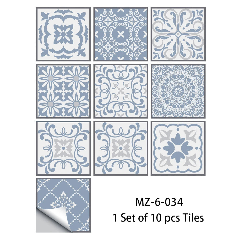 10pcs Blue & Gray Matte Surface Wall Sticker Film For Tiles /Ground in Kitchen Backsplash Floor PVC Art Wallpaper Peel & Stick