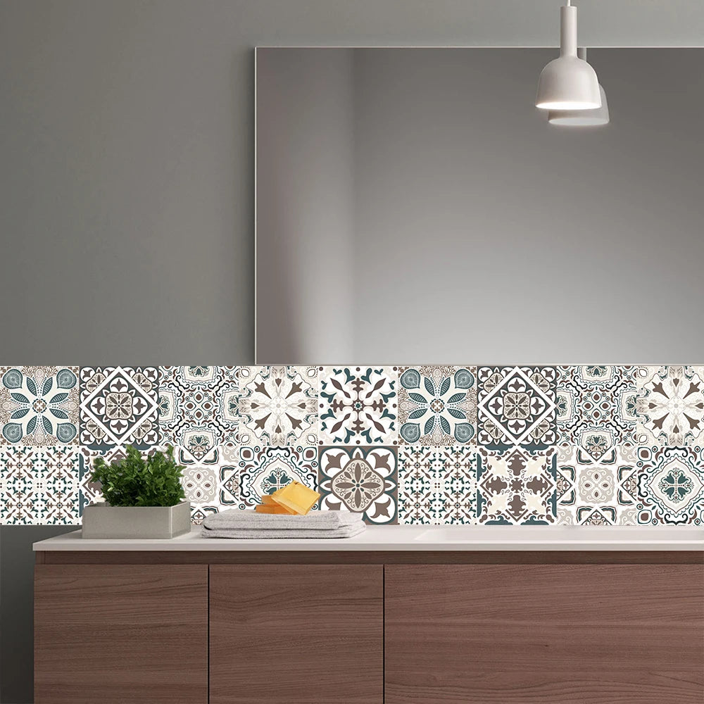 10pcs Blue & Gray Matte Surface Wall Sticker Film For Tiles /Ground in Kitchen Backsplash Floor PVC Art Wallpaper Peel & Stick