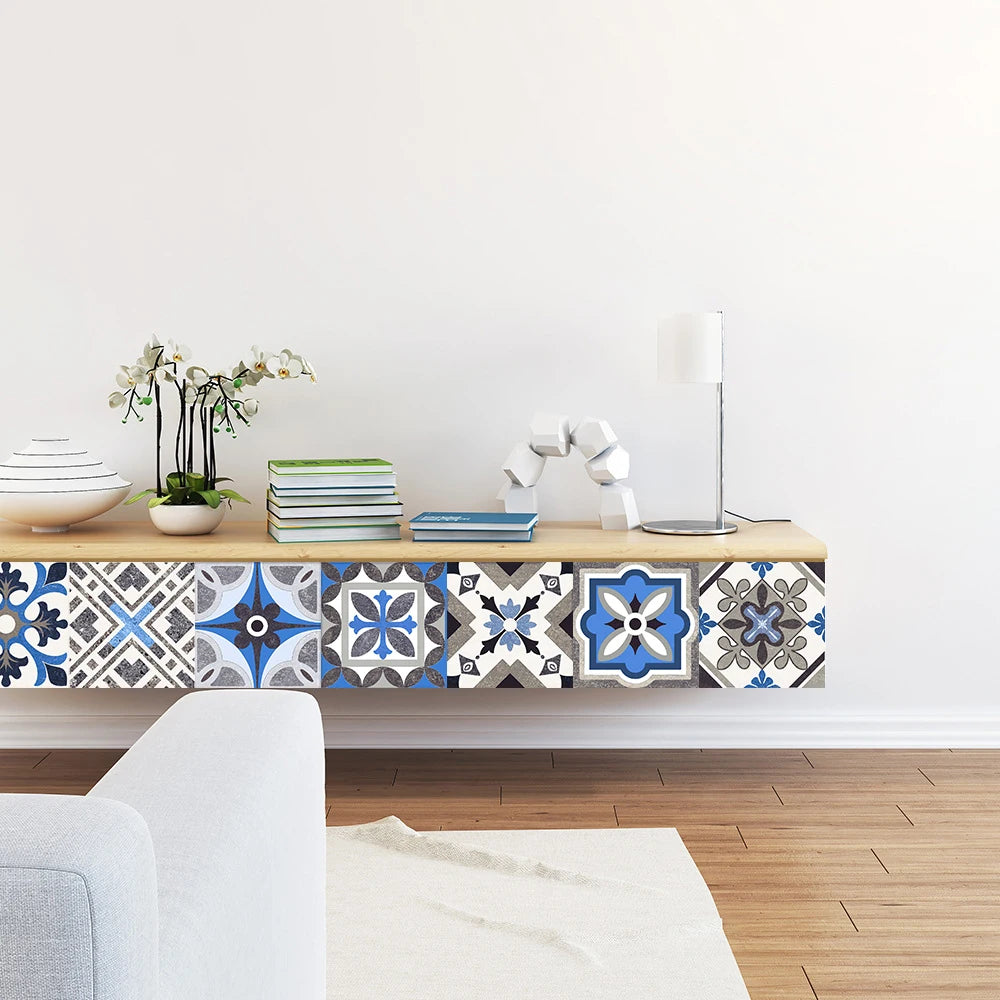 10pcs Blue & Gray Matte Surface Wall Sticker Film For Tiles /Ground in Kitchen Backsplash Floor PVC Art Wallpaper Peel & Stick